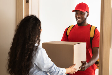 Black delivery man giving box to woman standing at door