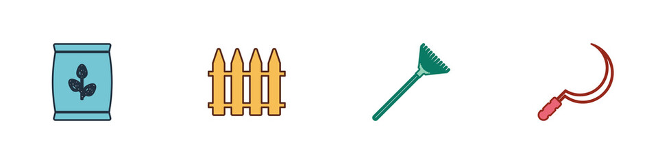 Set Fertilizer bag, Garden fence, rake for leaves and Sickle icon. Vector