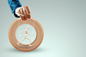 Male hand, puppeteer controls the puppet puppet with strings. The concept of shadow government,...