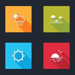 Set Cloud with rain and sun, Sunset, and icon. Vector