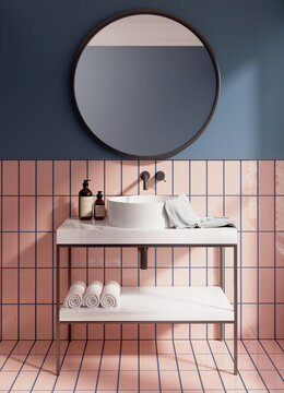 3d Render Of A Modern Salmon Red And Dark Blue Bathroom With White Wash Cabin And A Round Mirror	
