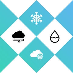 Set Windy weather, Cloud with snow, Snowflake and Water drop icon. Vector
