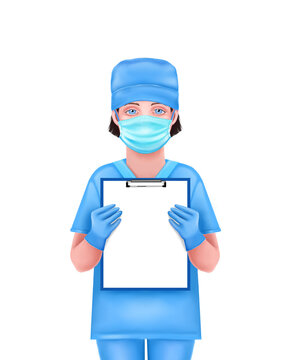 Nurse, doctor, medical worker holds clipboard in hands. Nurse in blue medical uniform with gloves and mask isolated on white background. Digital illustration, cartoon realism.