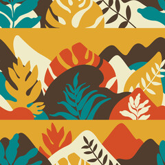 Fototapeta na wymiar Seamless pattern with mountain hilly landscape with tropical plants and trees, palms. Scandinavian style. Environmental protection, ecology. Park, exterior space, outdoor. Vector illustration.