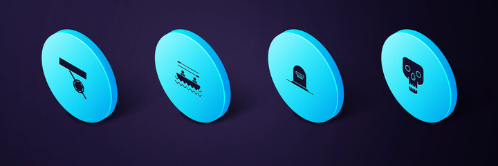 Set Isometric Skull, Tombstone with RIP written, Boat oars and Pirate eye patch icon. Vector