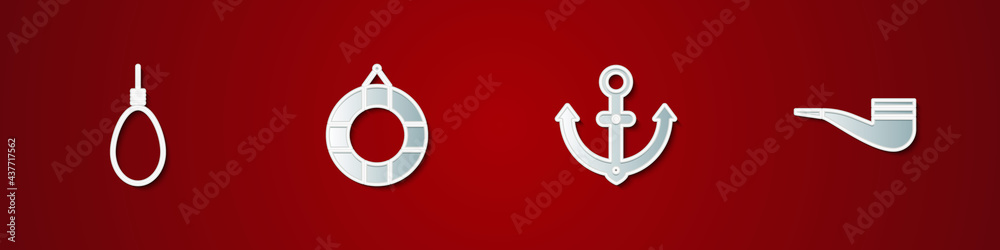 Wall mural set gallows rope loop hanging, lifebuoy, anchor and smoking pipe icon. vector