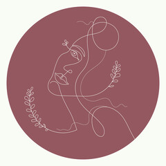 girl with a floral ornament, drawn in the lineart style with light lines on a dark round background 