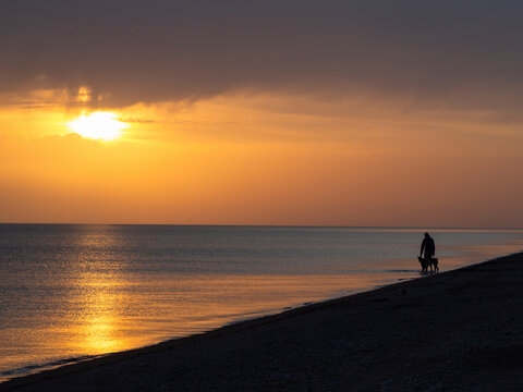 Stunning sunset over the sea on the shore of which a girl walks with a dog. The sea water glistens with gold. Silhouettes of a man and an animal at the water's edge. The sky and sea are yellow orange © Alekskan12