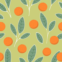 Oranges fruit and leaves seamless pattern background