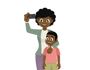African mother and son taking selfie cute cartoon. ,vector eps10 