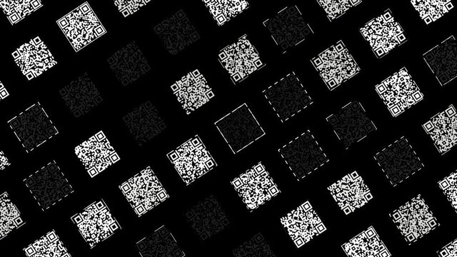 Abstract diagonal rows of square shaped black and white QR codes moving slowly on black background. Animation. Concept of digital information, monochrome.