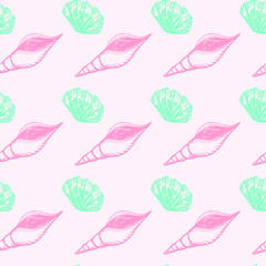 Seamless summer pattern of pink seashells and sea blue on a light background 