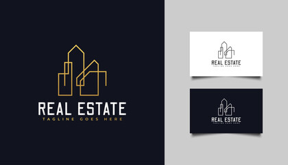 Gold Real Estate Logo in Line Style. Construction, Architecture or Building Logo Design Template