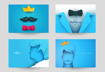 Set of father's day concept composition in minimalistic modern paper cut style. Collection background templates for card, banner, poster, cover. Bright design element. Creative vector illustration.