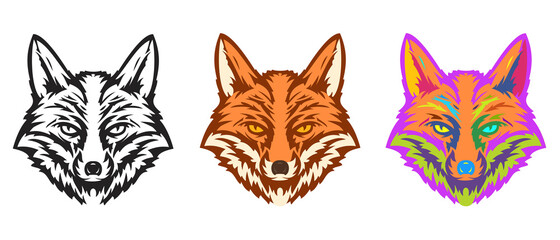 Collection fox head in hand drawn sketch style isolated on white background. Modern graphic design element for label or poster. Vector art illustration.