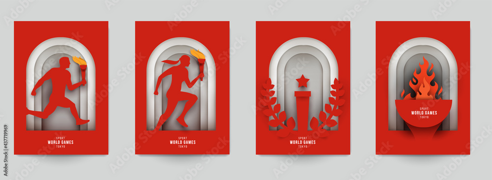 Wall mural Set templates for action sport games in modern paper cut style. Minimalistic design elements. Creative concept for branding background banner, poster, card, cover. Vector illustration. - Wall murals