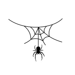 Scary spider web background. Cobweb background with spider. Halloween horror decoration. Spooky fear spiderweb. Simple drawn sketch cobweb. Hanging spider cartoon silhouette Vector illustration