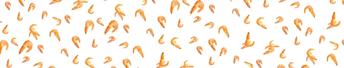 Tiger shrimp. Seafood background made from Prawns isolated on a white backdrop. modern flat lay background from boiled shrimps, Seafood. not seamless pattern
