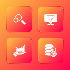 Set Magnifying glass and gear, Location with sales funnel, Pie chart infographic and Server security lock icon. Vector