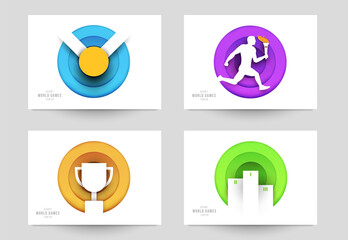 Set templates for action sport games in modern paper cut style. Minimalistic design elements. Creative concept for branding background banner, poster, card, cover. Vector illustration.
