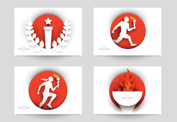 Set templates for action sport games in modern paper cut style. Minimalistic design elements. Creative concept for branding background banner, poster, card, cover. Vector illustration.