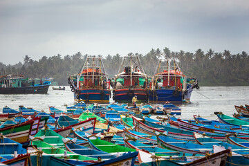 Group of fishing boats on fishing harbour. Thengapattanam, Kanyakumari district, Tamilnadu,South...