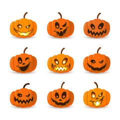 Halloween pumpkin icon set. Autumn symbol. 3D design. Halloween scary pumpkin face, smile, candle light, branch. Orange squash silhouette isolated white background. Cartoon colorful Vector llustration