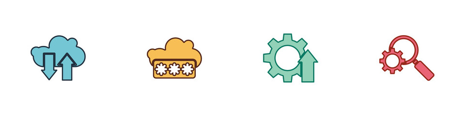 Set Cloud download and upload, Password protection, Arrow growth gear and Magnifying glass icon. Vector