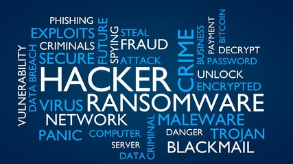 Hacker, ransomware word tag cloud. 3D rendering, blue variant