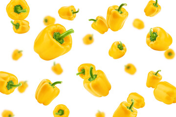 Falling sweet yellow pepper, paprika, isolated on white background, selective focus