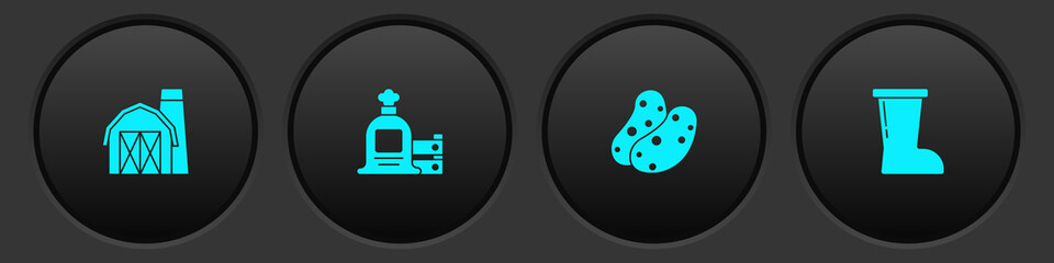 Set Farm house, Full sack and wooden box, Potato and Waterproof rubber boot icon. Vector