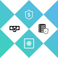 Set Password protection, Safe, Shield with dollar and Server shield icon. Vector