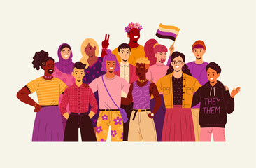 Group of non-binary people. Vector illustration in yellow-purple colors of diverse cartoon young adult people without gender identity in trendy flat style. Isolated on white - obrazy, fototapety, plakaty