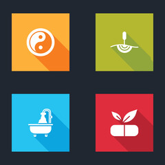 Set Yin Yang, Acupuncture therapy, Bathtub and Medical pill with plant icon. Vector