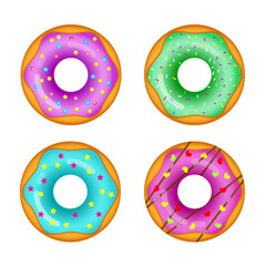 Set of realistic donuts with colored glaze isolated on white background. Vector stock illustration. 