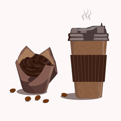 Cute americano, cappuccino, latte vector illustration paper cup with cupcake takeaway. Great for coffee advertisements. Coffee break.