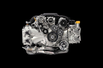 New generation car engine consuming less fuel, isolated on black background