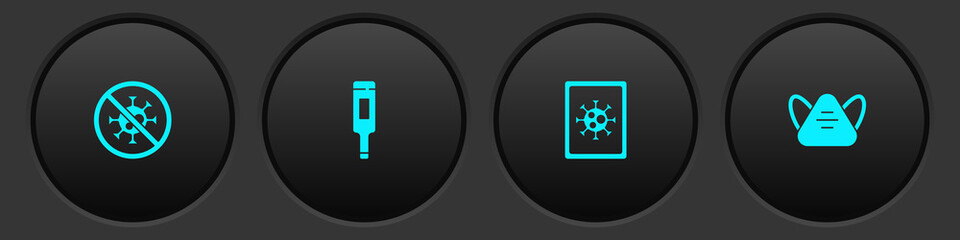 Set Stop virus, Medical thermometer, Virus statistics on monitor and protective mask icon. Vector