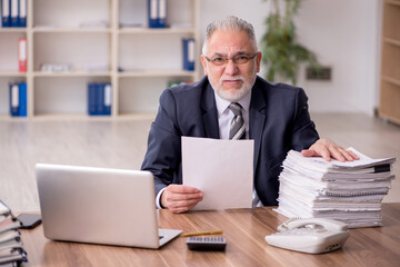 Fototapeta na wymiar Aged male employee sitting at workplace