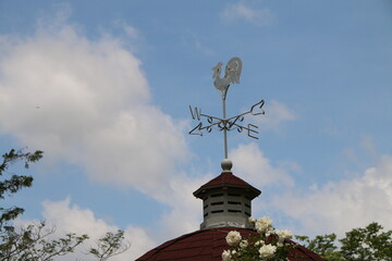 青空の下の屋根上の風見鶏