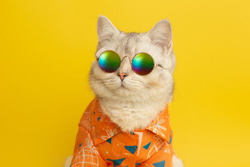 White british cat are wear sunglass and shirt in concept summer on the yellow background.