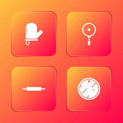 Set Oven glove, Frying pan, Rolling pin and Cutting board icon. Vector