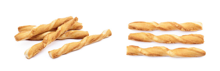 Spiral bread sticks with cheese on a white background