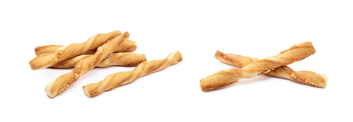 Spiral bread sticks with cheese on a white background