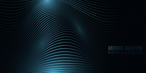 Abstract wavy background for digital, scientific or technology design. 3D waveforms on a black background. Dynamic, curved, wavy lines glowing in the dark. Vector illustration.