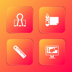 Set Binder clip, Roll of paper, Ruler and Computer monitor screen icon. Vector