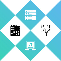 Set Sound mixer controller, Laptop with music note, Music playlist and Air headphones icon. Vector