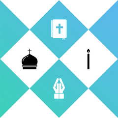 Set Church tower, Hands in praying position, Holy bible book and Burning candle icon. Vector