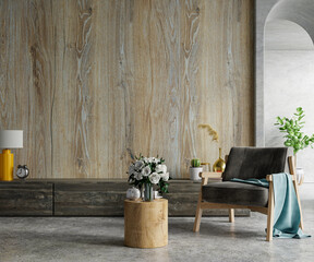 Mockup wooden wall mounted in a cement room with armchair.