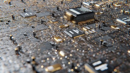  Microchips and other computer parts on motherboard